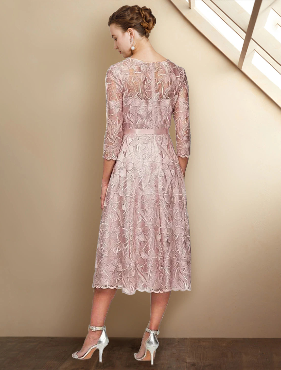 Wholesale  A-Line Mother of the Bride Dress Elegant Jewel Neck Tea Length Lace Charmeuse 3/4 Length Sleeve with Sash / Ribbon Bow(s) Appliques
